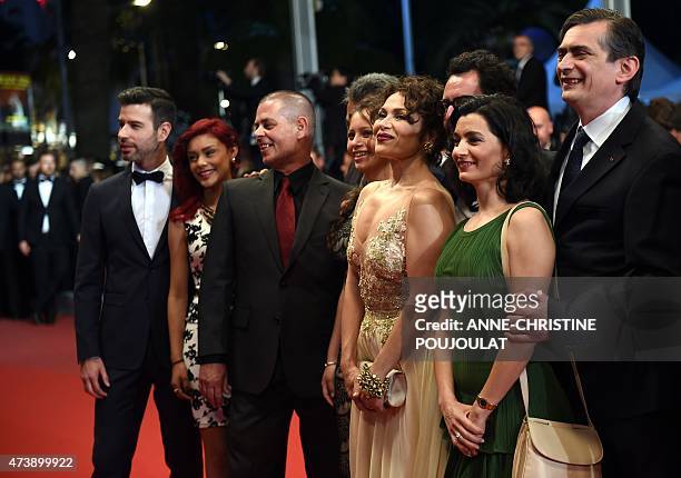 Mexican director David Pablos poses with Mexican actresses Leidi Gutierrez and Nancy Talamantes as they arrive with fellow cast members for the...