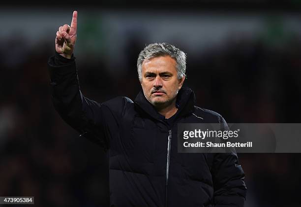 Jose Mourinho manager of Chelsea signals to the travelling fans after defeat during the Barclays Premier League match between West Bromwich Albion...