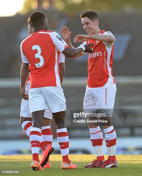 Julio Pleguezuelo celebrates scoring Arsenal's 3rd goal with Marc Bola during the match between Arsenal U21s and Wolverhampton Wanderers U21s at...