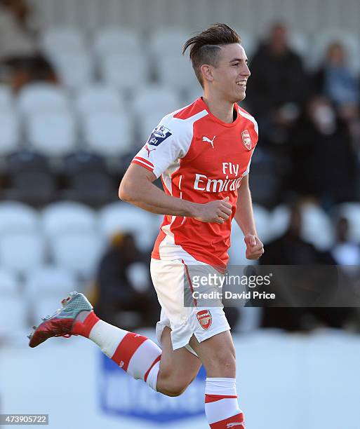 Julio Pleguezuelo celebrates scoring Arsenal's 3rd goal during the match between Arsenal U21s and Wolverhampton Wanderers U21s at Meadow Park on May...