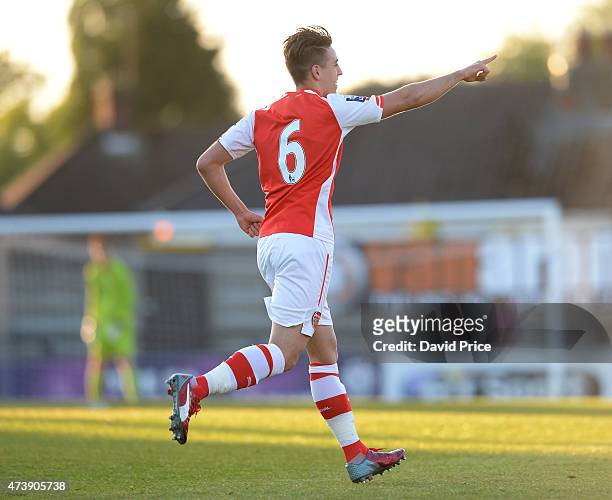 Julio Pleguezuelo celebrates scoring Arsenal's 3rd goal during the match between Arsenal U21s and Wolverhampton Wanderers U21s at Meadow Park on May...
