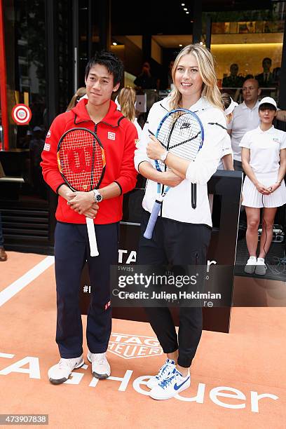 Japanese tennis player Kei Nishikori and Russian tennis player Maria Sharapova participate to the Association Theodora fund event organized by Tag...