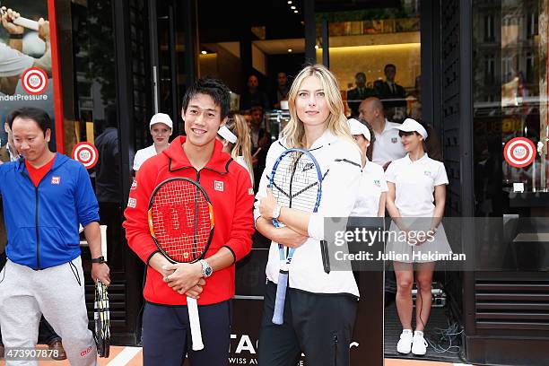 Japanese tennis player Kei Nishikori , Russian tennis player Maria Sharapova and former American tennis player Michael Chang pose with a red nose to...