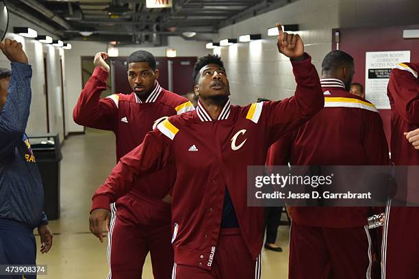 Iman Shumpert of the Cleveland Cavaliers walks to the court before a game against the Chicago Bulls in Game Six of the Eastern Conference Semifinals...