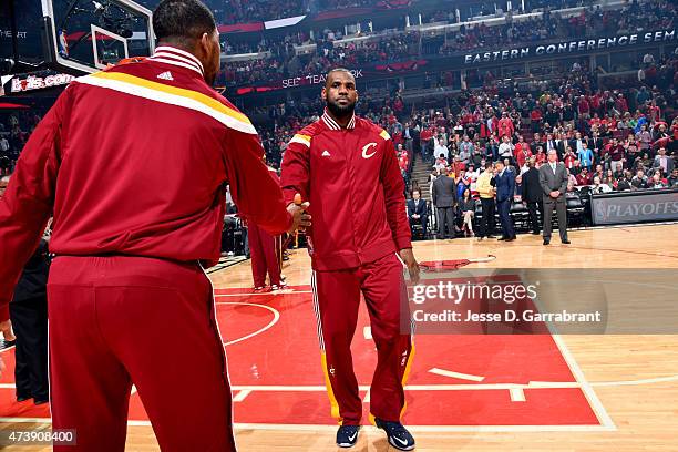 LeBron James of the Cleveland Cavaliers gets introduced before a game against the Chicago Bulls in Game Six of the Eastern Conference Semifinals...