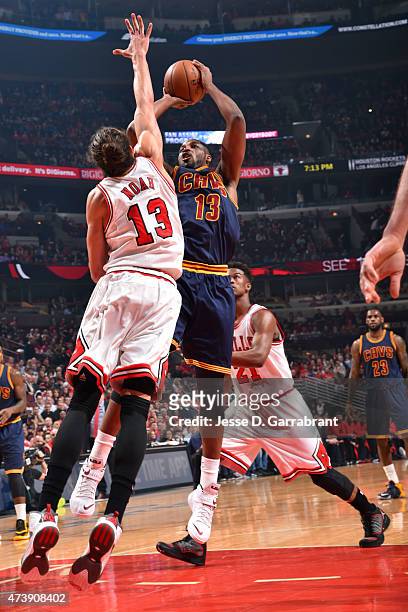 Tristan Thompson of the Cleveland Cavaliers shoots against the Chicago Bulls in Game Six of the Eastern Conference Semifinals during the 2015 NBA...