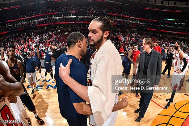 Shawn Marion of the Cleveland Cavaliers and Joakim Noah of the Chicago Bulls hug after Game Six of the Eastern Conference Semifinals during the 2015...