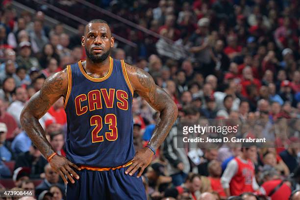 LeBron James of the Cleveland Cavaliers stands on the court during a game against the Chicago Bulls in Game Six of the Eastern Conference Semifinals...