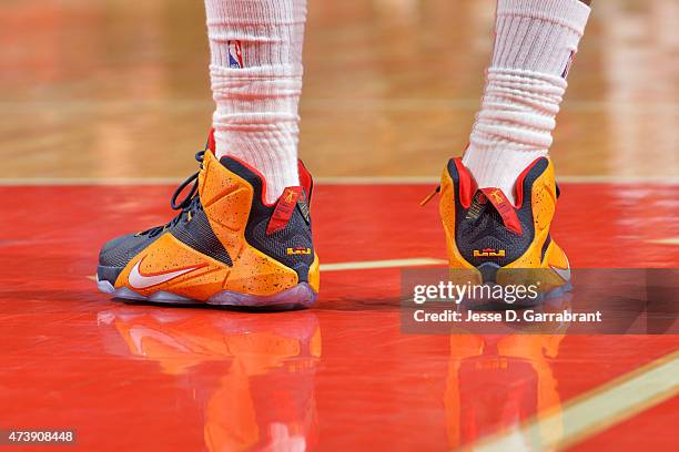 The shoes of LeBron James of the Cleveland Cavaliers as he stands on the court during a game against the Chicago Bulls in Game Six of the Eastern...