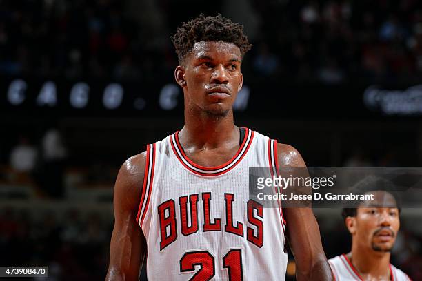 Jimmy Butler of the Chicago Bulls stands on the court during a game against the Cleveland Cavaliers in Game Six of the Eastern Conference Semifinals...