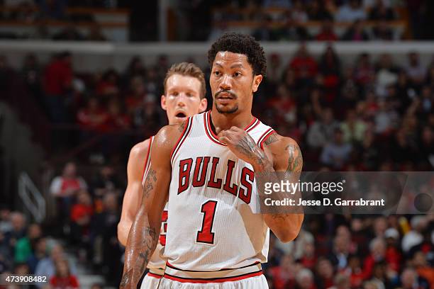 Derrick Rose of the Chicago Bulls stands on the court during a game against the Cleveland Cavaliers in Game Six of the Eastern Conference Semifinals...