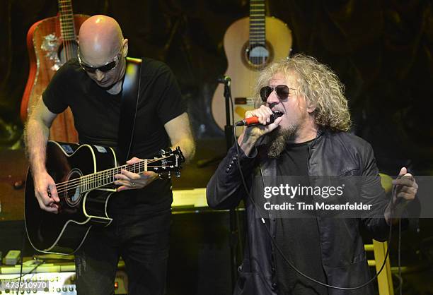 Joe Satriani and Sammy Hagar perform during the 2nd Annual "Acoustic-4-A-Cure" Benefit Concert at The Masonic Auditorium on May 15, 2015 in San...
