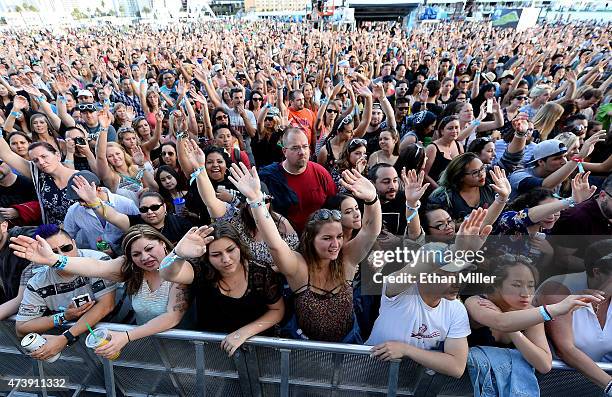 Fans react as Magic! performs during Rock in Rio USA at the MGM Resorts Festival Grounds on May 16, 2015 in Las Vegas, Nevada.