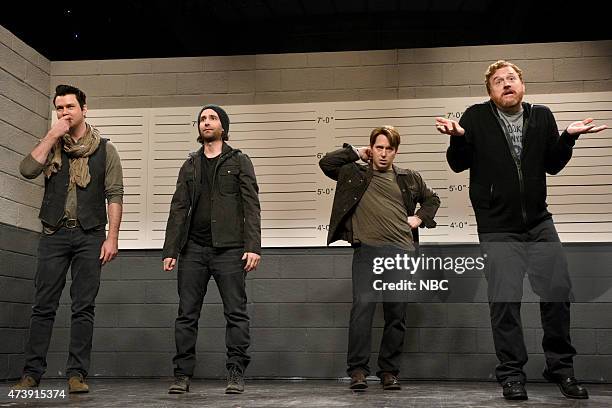 Louis C.K." Episode 1683 -- Pictured: Taran Killam, Kyle Mooney, Beck Bennett and Louis C.K. During the "Police Line Up" skit on May 16, 2015 --