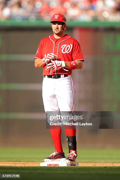 Ryan Zimmerman of the Washington Nationals looks on from second base during a baseball game against the Atlanta Braves at National Park on May 9,...