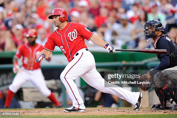 Dan Uggla of the Washington Nationals takes a swing the Atlanta Braves takes a swing during a baseball game against the Atlanta Braves at National...