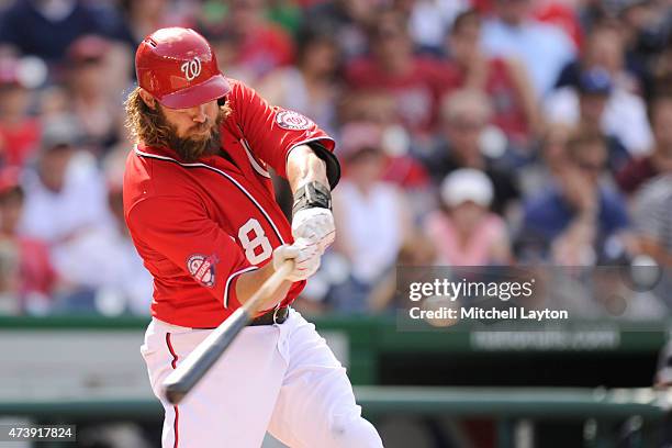 Jayson Werth of the Washington Nationals takes a swing during a baseball game against the Atlanta Braves at National Park on May 9, 2015 in...