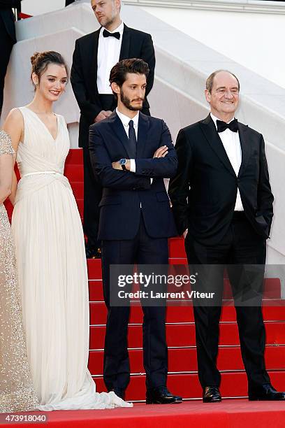 Actress Charlotte Lebon, actor Pierre Niney and Pierre Lescure attend the "Inside Out" premiere during the 68th annual Cannes Film Festival on May...