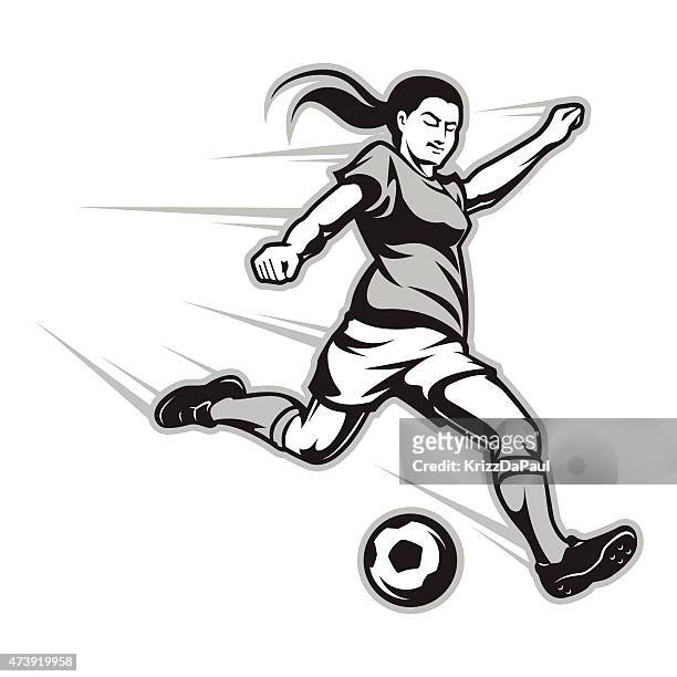 cartoon image of a female football player striking the ball - women's soccer stock illustrations