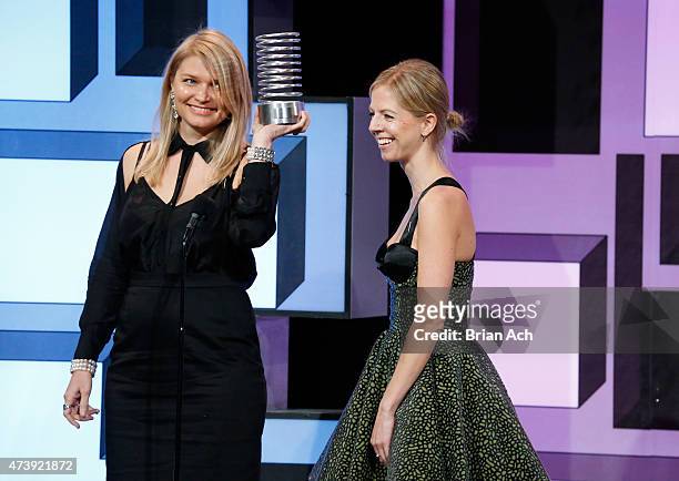 Alana Stocks and Alice Mansell of Circul8 accept an award for Advertising & Media/Social on stage at the 19th Annual Webby Awards on May 18, 2015 in...