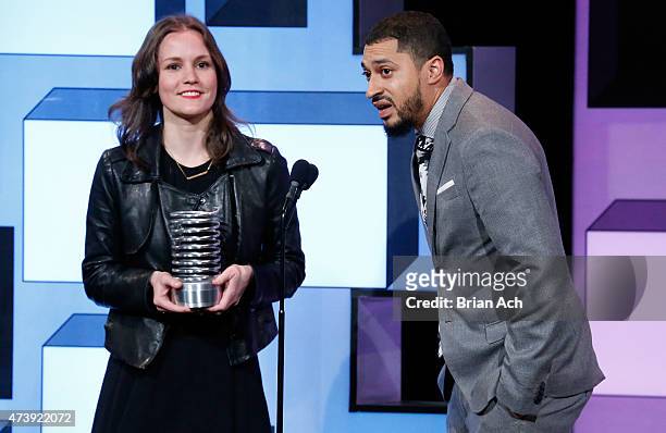 Andrea Mileskiewicz and Blake Winfree of Mullen accept an award for Advertising & Media/Social at the 19th Annual Webby Awards on May 18, 2015 in New...