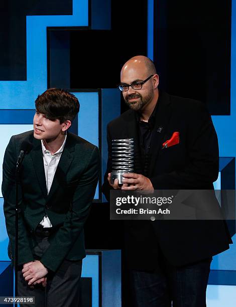 Caleb Andrews and Stephen Martin of Mailchimp accept an award for Mobile Sites & Apps at the 19th Annual Webby Awards on May 18, 2015 in New York...