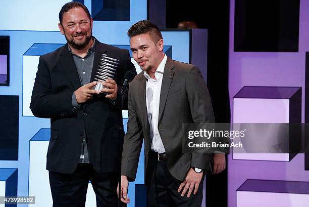 Gregg Lewis and Nathan Lubeck of KCRW accept an award for Websites during the 19th Annual Webby Awards on May 18, 2015 in New York City.