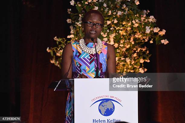 Regional Program Officer of HKI Africa, Temina Mkumbwa speaks onstage as Helen Keller International celebrates their centennial anniversary with the...