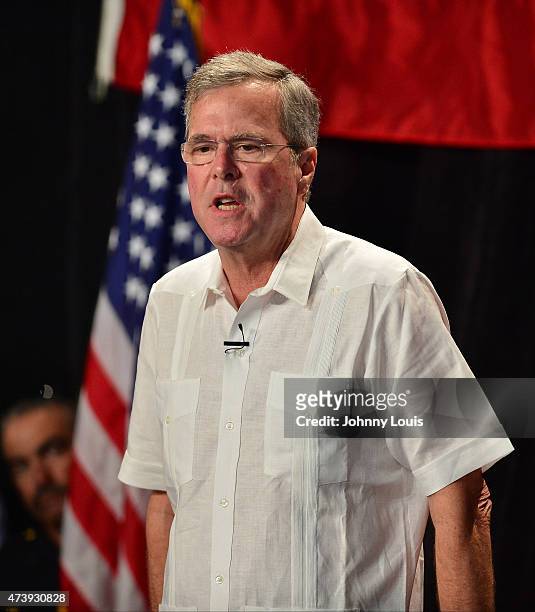 Former Florida Governor and potential Republican presidential candidate Jeb Bush speaks to supporters during a fundraising event at the Jorge Mas...