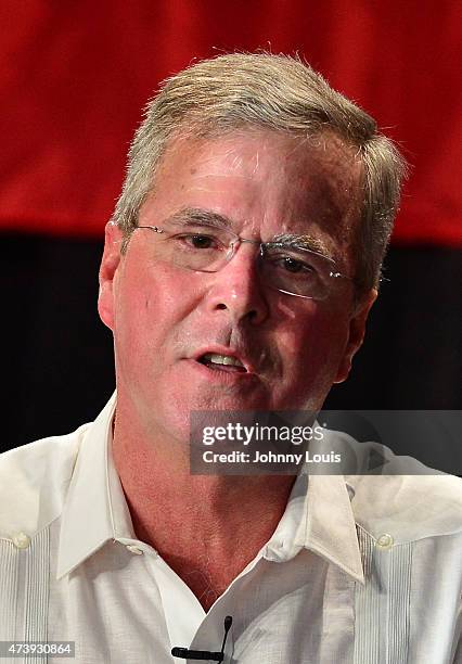 Former Florida Governor and potential Republican presidential candidate Jeb Bush speaks to supporters during a fundraising event at the Jorge Mas...