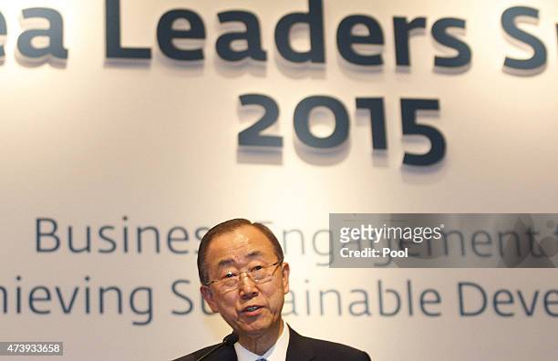 Secretary General Ban Ki-Moon speaks during the U.N. Global Compact to hold summit at the Conrad Hotel on May 19, 2015 in Seoul, South Korea. The...