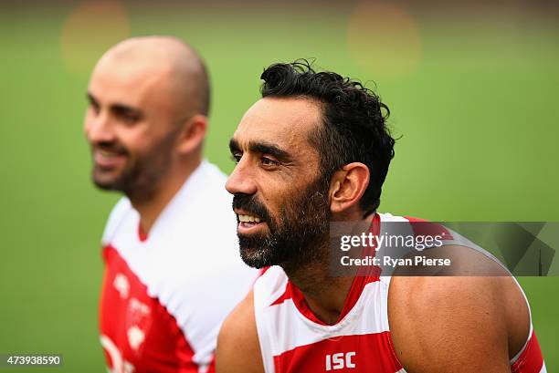Adam Goodes of the Swans looks on during a Sydney Swans AFL training session at the Sydney Cricket Ground on May 19, 2015 in Sydney, Australia.