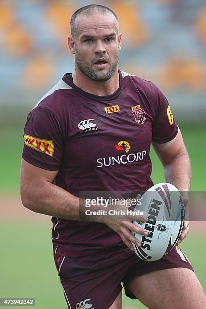 Nate Myles runs the ball during a Queensland Maroons State of Origin training session at Queensland Sport and Athletics Centre on May 19, 2015 in...