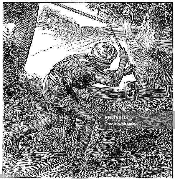 gideon threshing corn (victorian engraving) - whip cracking stock illustrations