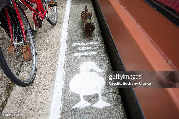 Temporary duck lanes have been painted on busy towpaths in London, Birmingham and Manchester to highlight the narrowness of the space that is shared...