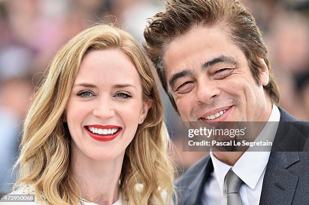 Emily Blunt and Benicio Del Toro attend a photocall for "Sicario" during the 68th annual Cannes Film Festival on May 19, 2015 in Cannes, France.