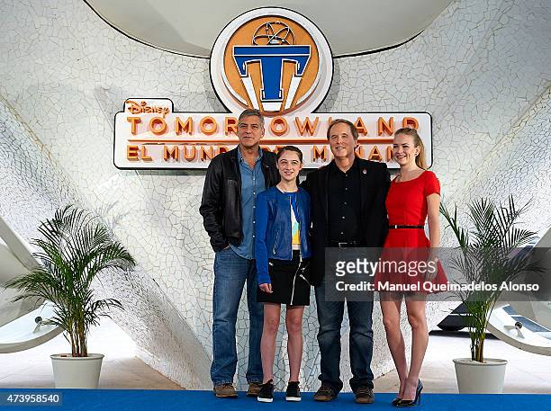 George Clooney, Raffey Cassidy, Brad Bird and Britt Robertson pose at a photocall for 'Tomorrowland' at the L'Hemisferic on May 19, 2015 in Valencia,...