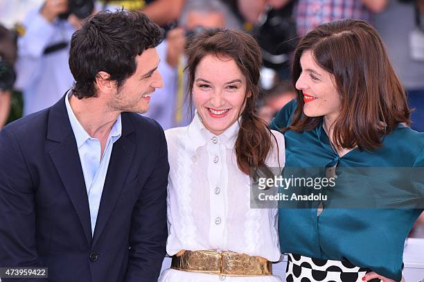 French actress Anais Demoustier , French actress Valerie Donzelli and French actor Jeremie Elkaim pose during the photocall for the film Marguerite...