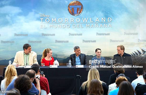 Britt Robertson, George Clooney, Raffey Cassidy and Brad Bird attend at the 'Tomorrowland' Press Conference at the L'Hemisferic on May 19, 2015 in...