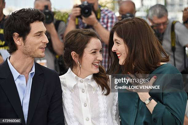 French actor Jeremie Elkaim, French actress Anais Demoustier and French actress and director Valerie Donzelli pose during a photocall for the film...