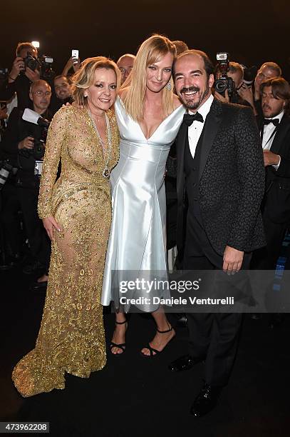 Artistic Director and Co-President of Chopard Caroline Scheufele, model Uma Thurman and French Film Director attend a celebrity party during the 68th...