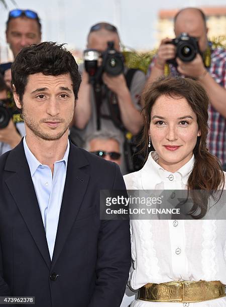 French actor Jeremie Elkaim and French actress Anais Demoustier pose during a photocall for the film "Marguerite & Julien" at the 68th Cannes Film...