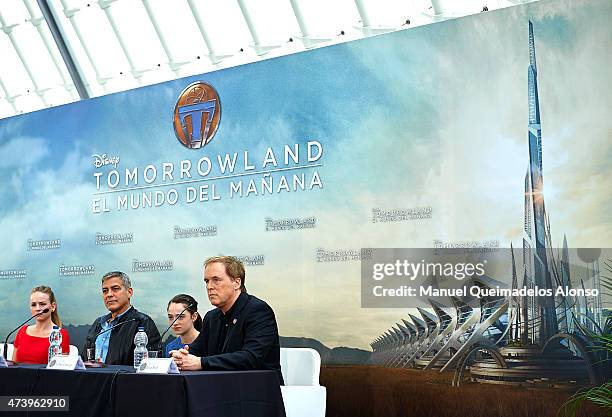 Britt Robertson, George Clooney, Raffey Cassidy and Brad Bird attend the 'Tomorrowland' Press Conference at the L'Hemisferic on May 19, 2015 in...