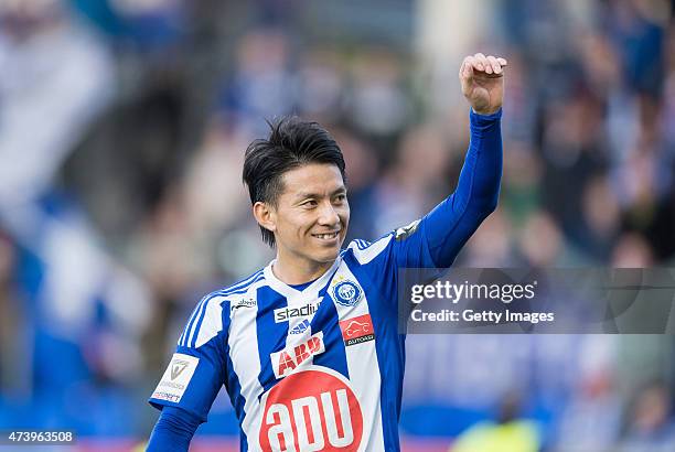 Atomu Tanaka of HJK Helsinki celebrates during the Finnish First Division match between HJK Helsinki and VPS Vaasa at Sonera Stadium on May 11, 2015...