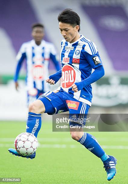Atomu Tanaka of HJK Helsinki in action during the Finnish First Division match between HJK Helsinki and FC Lahti at Sonera Stadium on April 19, 2015...