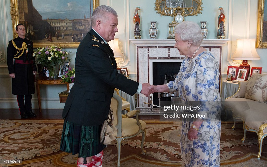 Queen Elizabeth II Attends Audience With Argyll and Sutherland Highlanders of Canada