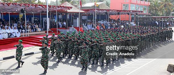 Sri Lankan army soldiers participate in a Victory Day parade in the southern coastal town of Matara, 150 kilometers south of Colombo, Sri Lanka on...