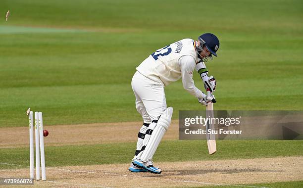 Durham batsman Chris Rushworth is bowled by Richard Jones during day three of the LV County Championship Division One match between Warwickshire and...