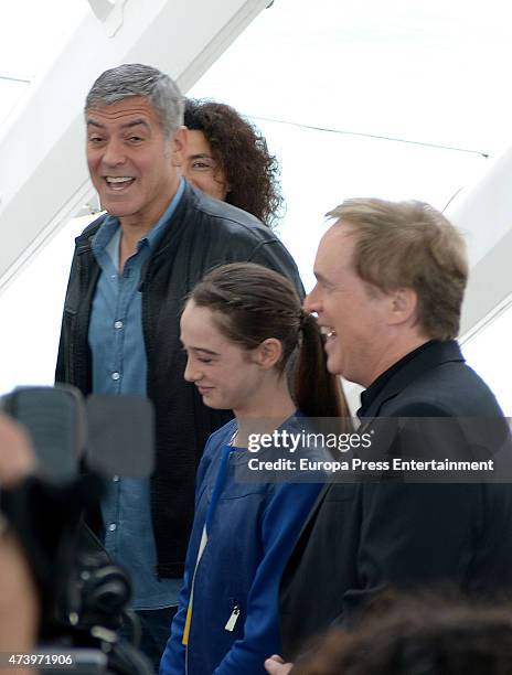 George Clooney , Raffey Cassidy and Brad Bird attend the photocall for 'Tomorrowland' at the L'Hemisferic on May 19, 2015 in Valencia, Spain.