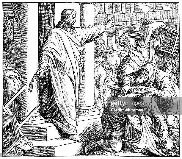 jesus clearing the temple (victorian engraving) - synagogue stock illustrations